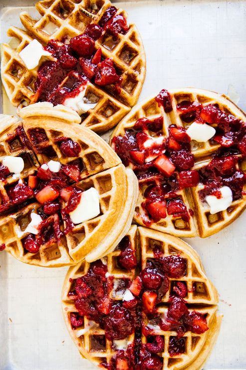 Load image into Gallery viewer, waffles topped with butter and compote