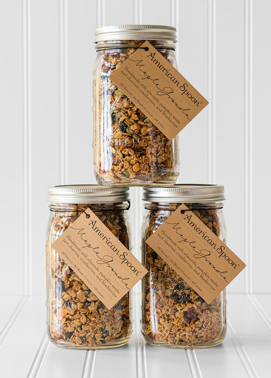 Load image into Gallery viewer, A stack of three jars of Maple Granola