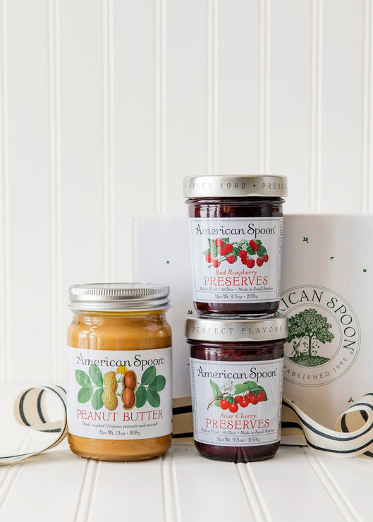 Load image into Gallery viewer, PB&J gift set with Peanut Butter, Red Raspberry Preserves, Sour Cherry Preserves and a gift box with ribbon