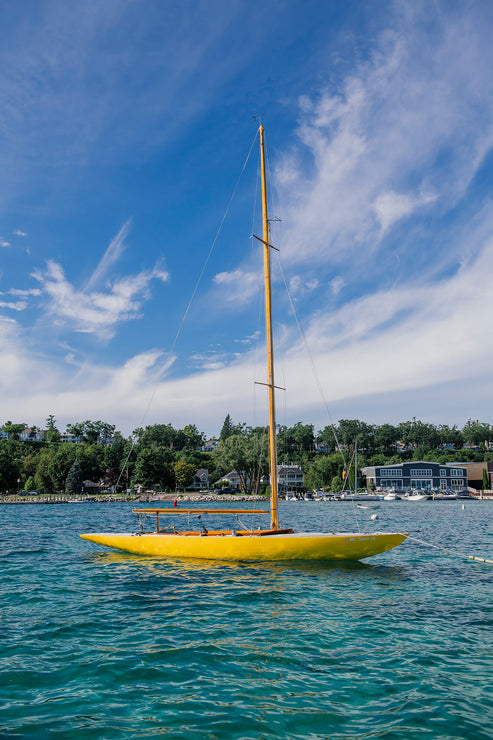 Load image into Gallery viewer, Yellow sailboat on calm water with a blue sky and trees in the background