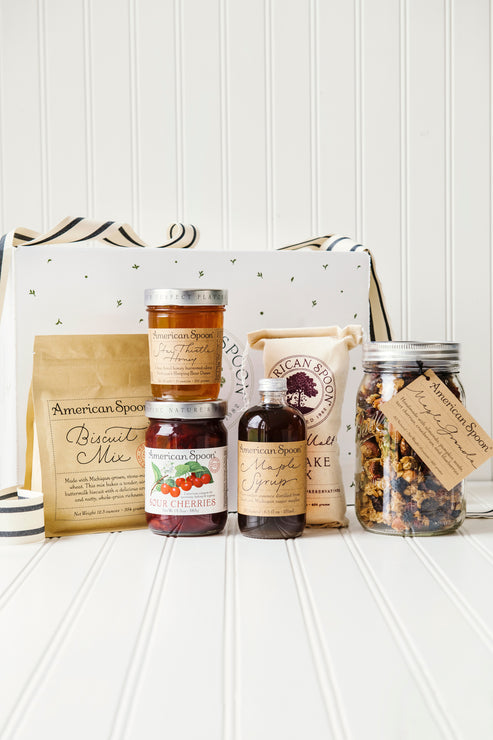 Load image into Gallery viewer, The Good to the Grain gift box containing Wheat & Malt Pancake Mix, Maple Syrup, Biscuit Mix, Fruit Perfect Sour Cherries, Star Thistle Honey and Maple Granola