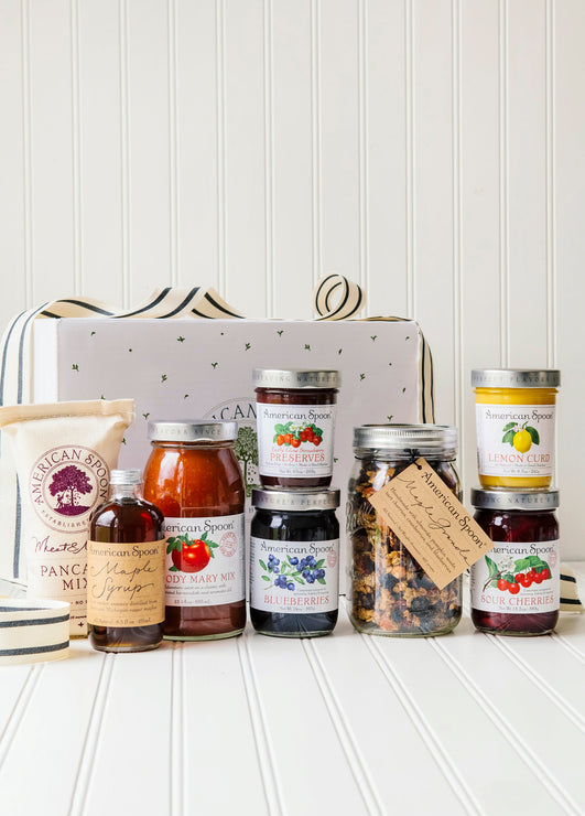 Load image into Gallery viewer, Our Weekend Brunch Box gift box containing Wheat & Malt Pancake Mix, Fruit Perfect Sour Cherries, Fruit Perfect Blueberries, Maple Syrup, Lemon Curd, Bloody Mary Mix, Maple Granola and Early Glow Strawberry Preserves