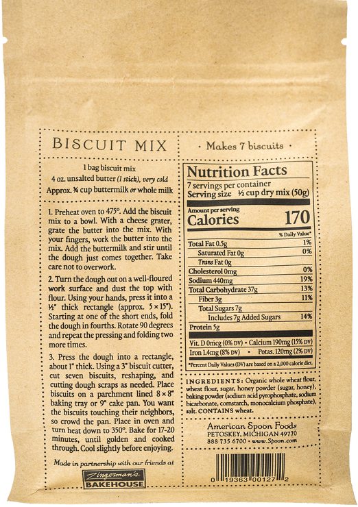 Load image into Gallery viewer, Back of the Biscuit Mix bag containing a recipe and nutritional details.