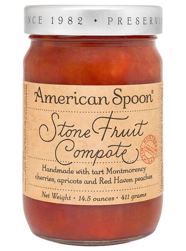 Jar of American Spoon Stone Fruit Compote on a white background