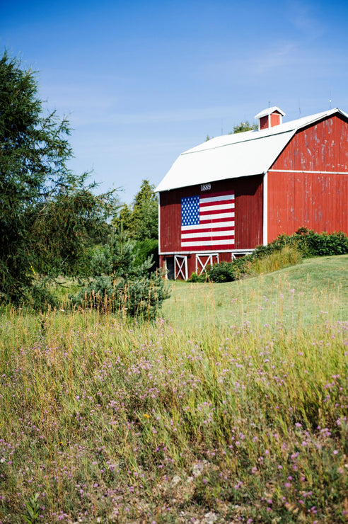 Load image into Gallery viewer, a red barn with an american flag painted on the side

