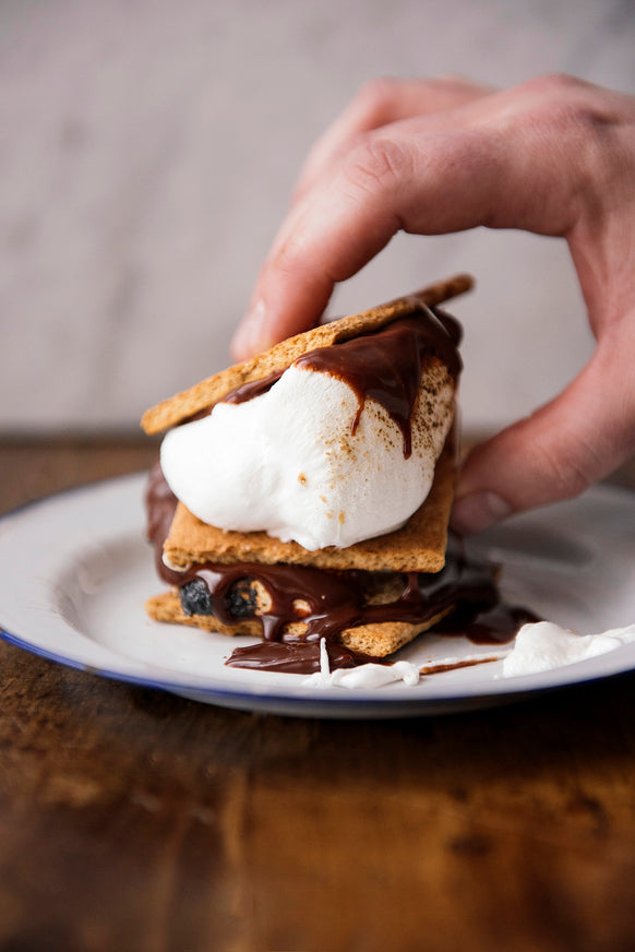 a graham cracker and marshmallow smore with chocolate fudge sauce