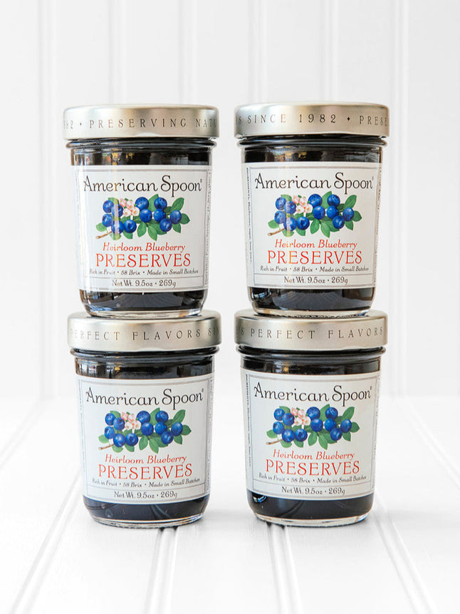 four jars of American Spoon Heirloom Blueberry Preserves