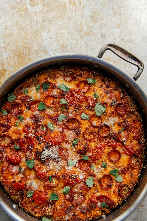 Load image into Gallery viewer, Pizza Pie with pepperoni and cheese in a pan on a textured surface.
