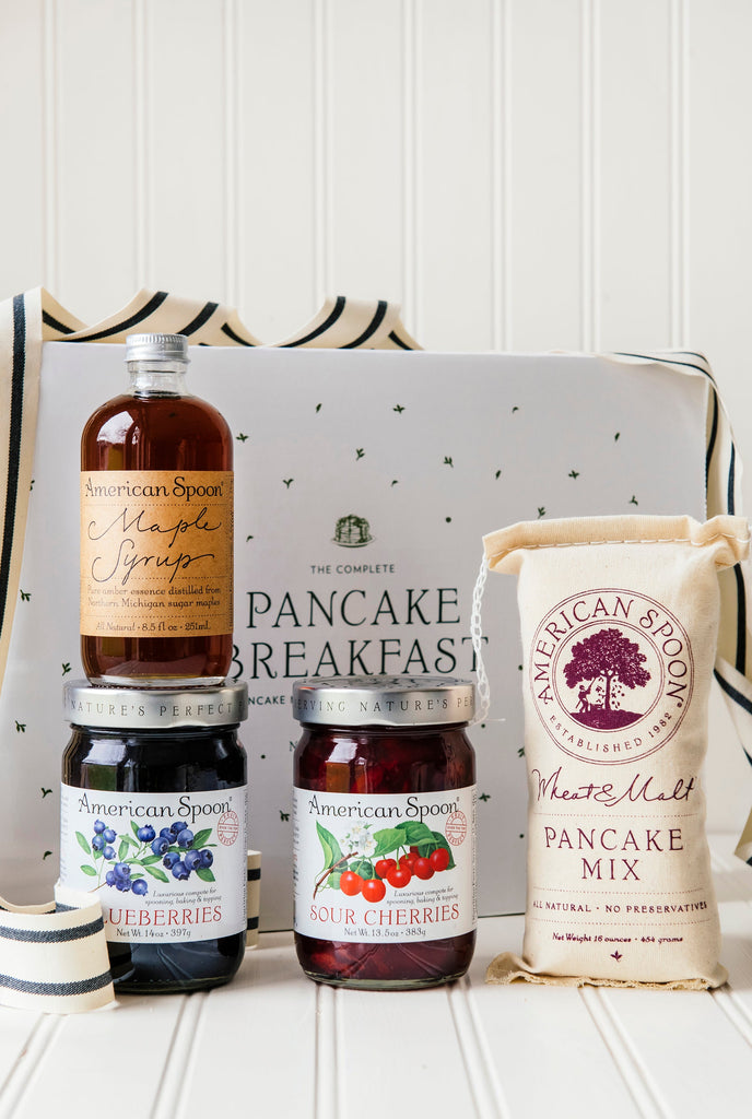 The Classic Pancake Breakfast Box gift box containing Wheat & Malt Pancake Mix, Maple Syrup, Fruit Perfect Sour Cherries and Fruit Perfect Blueberries