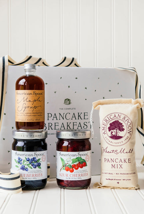 Load image into Gallery viewer, The Classic Pancake Breakfast Box gift box containing Wheat &amp; Malt Pancake Mix, Maple Syrup, Fruit Perfect Sour Cherries and Fruit Perfect Blueberries

