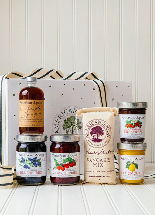 Load image into Gallery viewer, The Up North Breakfast gift box including Maple Syrup, Fruit Perfect Blueberries, Fruit Perfect Sour Cherries, Wheat &amp; Malt Pancake Mix, Early Glow Strawberry Preserves, Lemon Curd and a gift box

