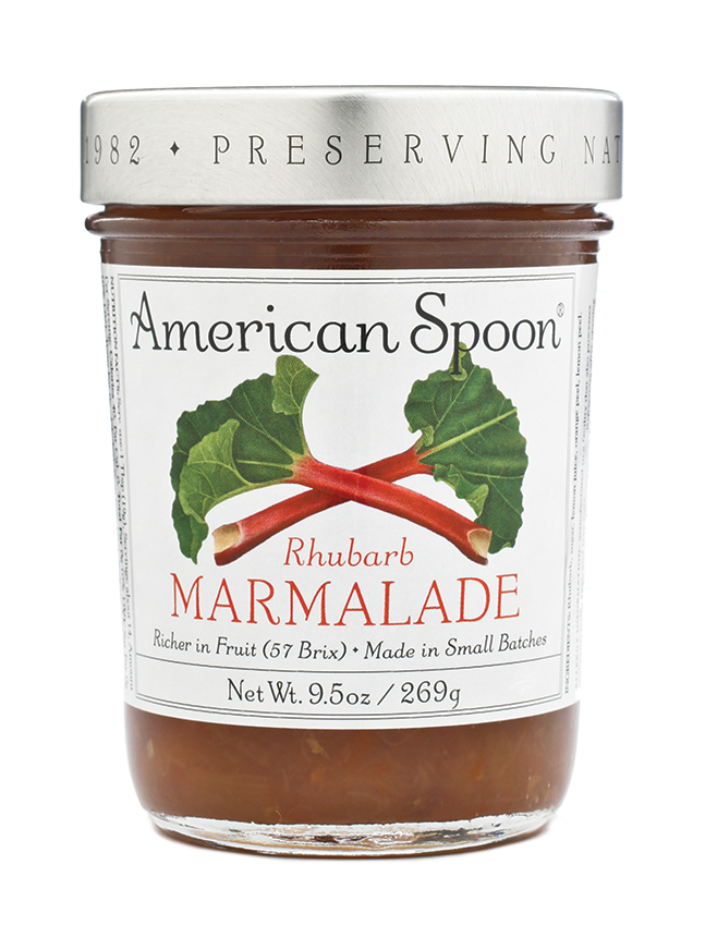Jar of American Spoon Rhubarb Marmalade on a white background