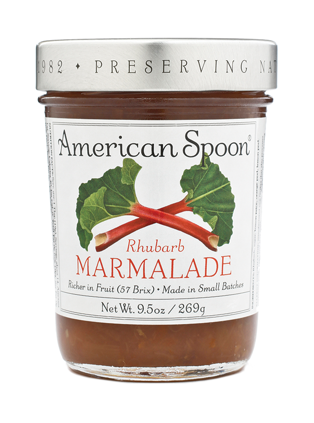 Jar of American Spoon Rhubarb Marmalade on a white background