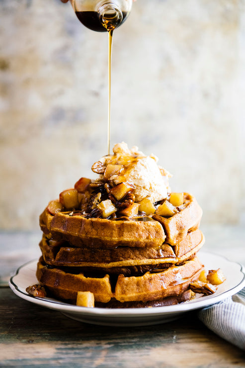 Load image into Gallery viewer, A stack of Pancakes topped with butter, Maple Pumpkin Caramel and Apple Butter
