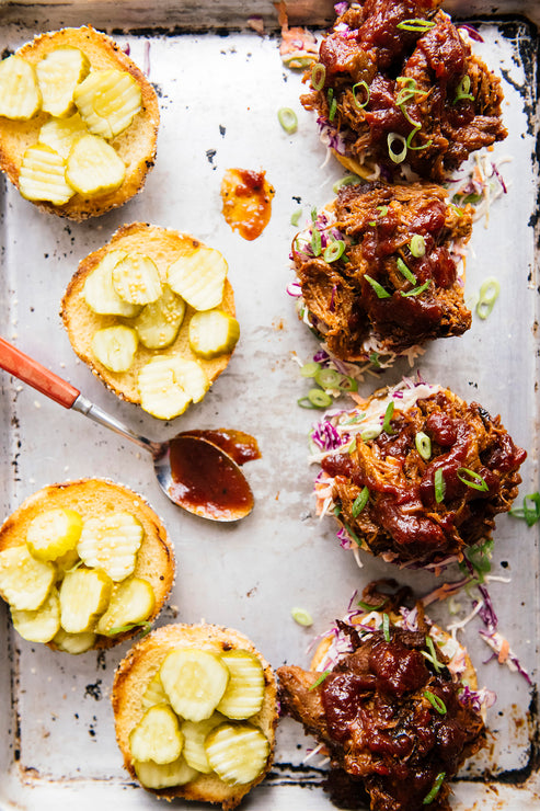 Load image into Gallery viewer, Open faced pilled pork sandwiches
